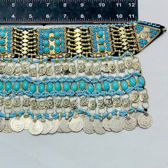 Turquoise Beaded and Stone Choker Necklace With Vintage Dangling Coins - Picture 13 of 15